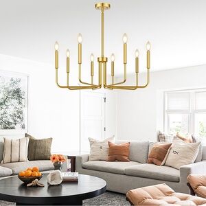(NEW) 33”x33” Large 8 Light Brushed Gold Industrial Farmhouse Candle Chandelier